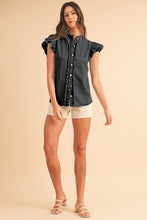 Load image into Gallery viewer, Button Front Ruffled Flutter Frayed Denim Top