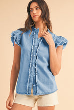 Load image into Gallery viewer, Button Front Ruffled Flutter Frayed Denim Top