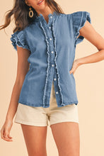 Load image into Gallery viewer, Button Front Ruffled Flutter Frayed Denim Top