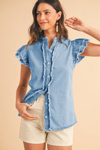 Load image into Gallery viewer, Button Front Ruffled Flutter Frayed Denim Top