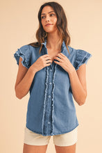 Load image into Gallery viewer, Button Front Ruffled Flutter Frayed Denim Top