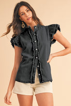 Load image into Gallery viewer, Button Front Ruffled Flutter Frayed Denim Top