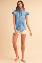 Load image into Gallery viewer, Button Front Ruffled Flutter Frayed Denim Top