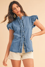 Load image into Gallery viewer, Button Front Ruffled Flutter Frayed Denim Top