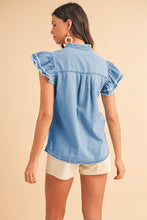 Load image into Gallery viewer, Button Front Ruffled Flutter Frayed Denim Top