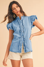 Load image into Gallery viewer, Button Front Ruffled Flutter Frayed Denim Top