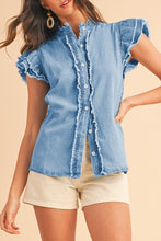 Load image into Gallery viewer, Button Front Ruffled Flutter Frayed Denim Top