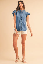 Load image into Gallery viewer, Button Front Ruffled Flutter Frayed Denim Top