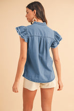 Load image into Gallery viewer, Button Front Ruffled Flutter Frayed Denim Top