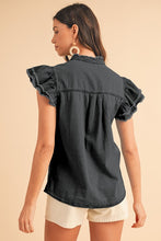 Load image into Gallery viewer, Button Front Ruffled Flutter Frayed Denim Top