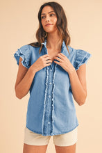 Load image into Gallery viewer, Button Front Ruffled Flutter Frayed Denim Top