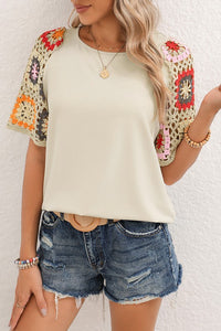 Floral Crochet Sleeve Boho T Shirt