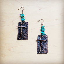 Load image into Gallery viewer, Copper Cross Earrings w/ Natural Turquoise Chunks