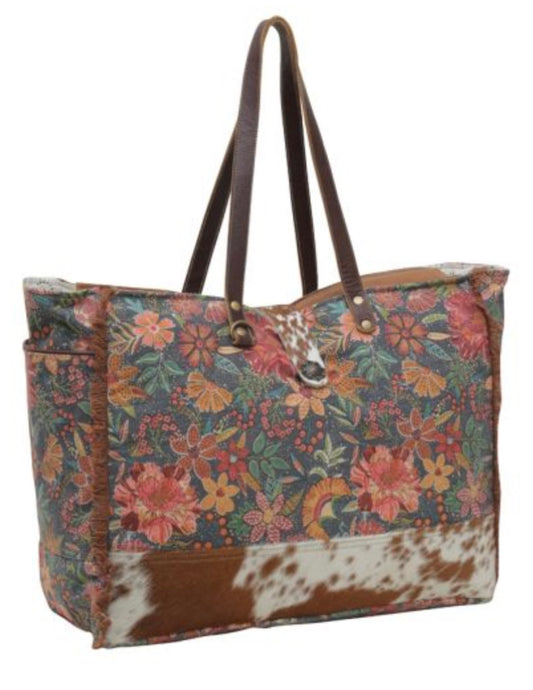 Floral and Cowhide Weekender Bag