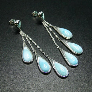 High Quality 925 Sterling Silver Natural Larimar Long Stud Earrings for Women Daily Wear Lovely Earrings