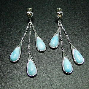 High Quality 925 Sterling Silver Natural Larimar Long Stud Earrings for Women Daily Wear Lovely Earrings