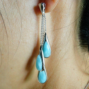 High Quality 925 Sterling Silver Natural Larimar Long Stud Earrings for Women Daily Wear Lovely Earrings