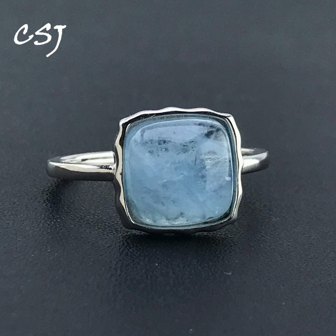 CSJ Natural Aquamarine Rings 925 Silver Sterling Malachite Charoite Blue-veins Stone 10mm for Women Birthday Party Jewelry Gift